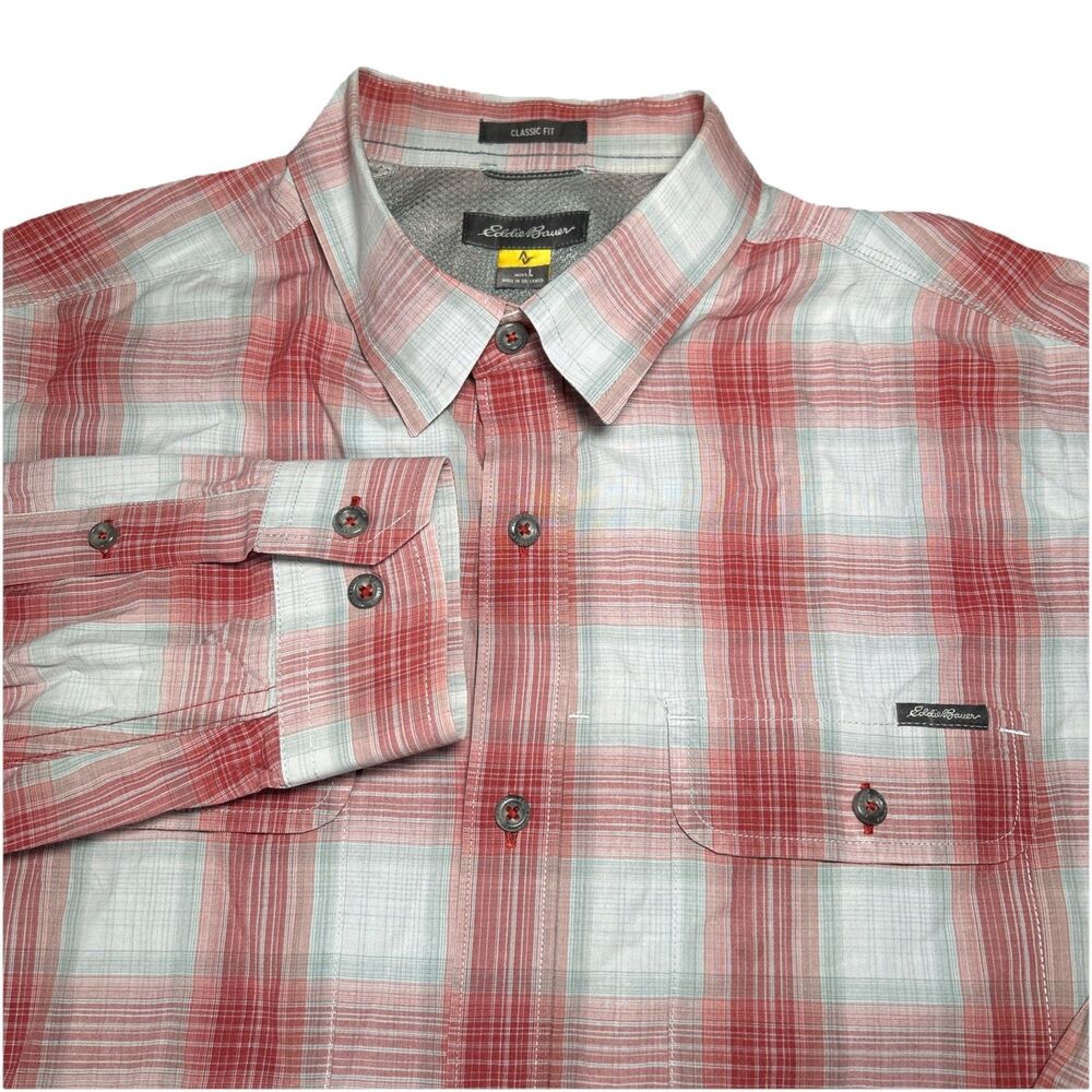 Eddie Bauer Travex Classic Fit Men’s L Red Gray Plaid‎ Long Sleeve Button Down